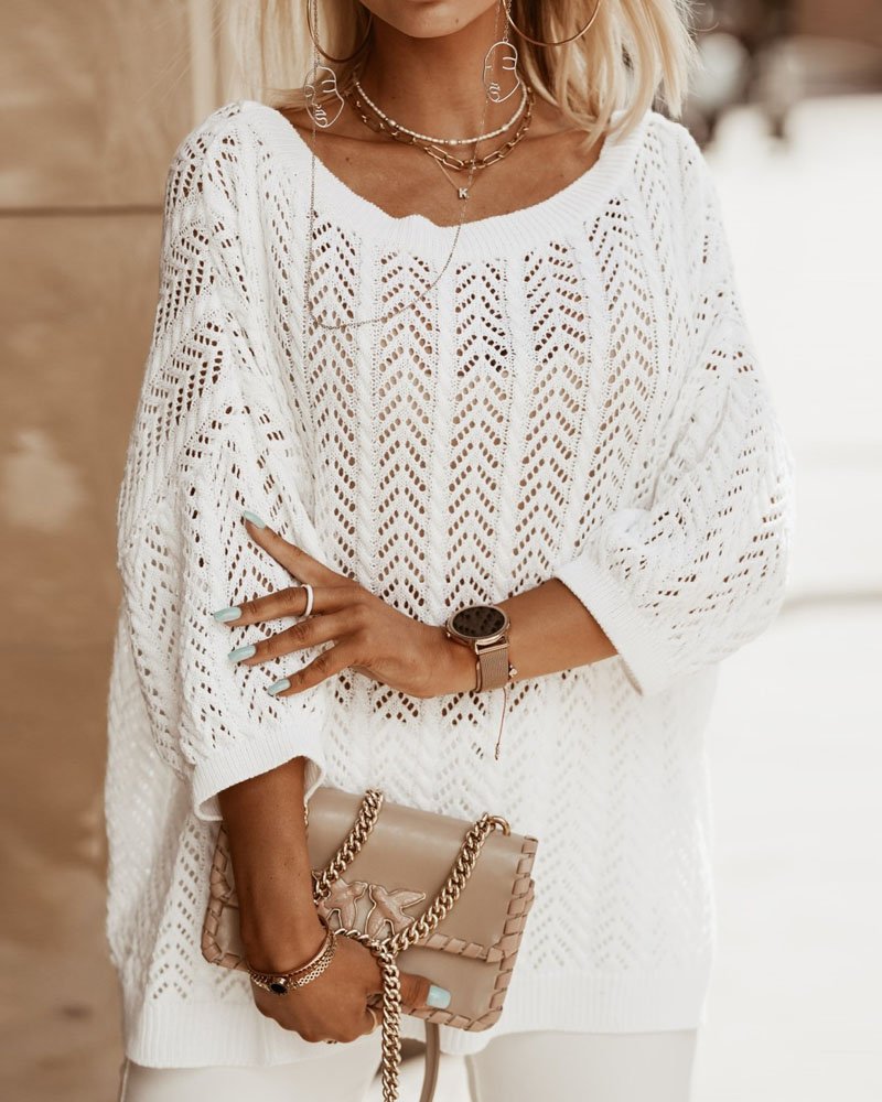 

Plain Open Knit V-Back Sweater, White