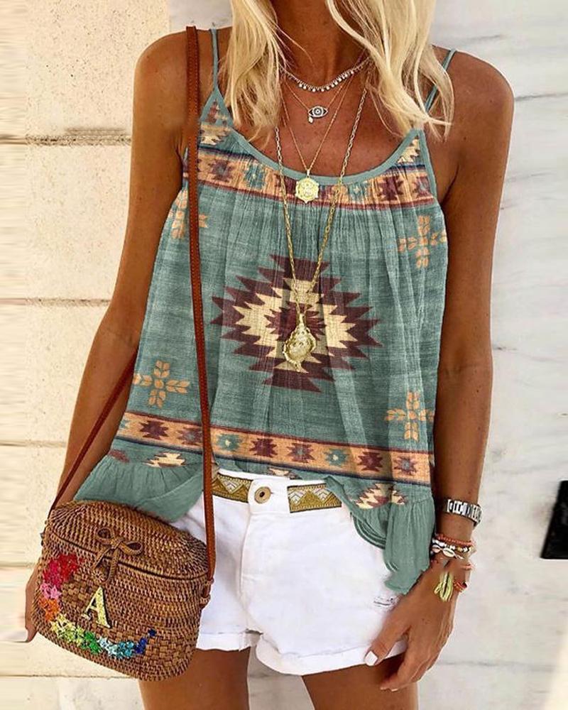 

Tribal Print Ruffle Hem Flowy Cami Top, Green