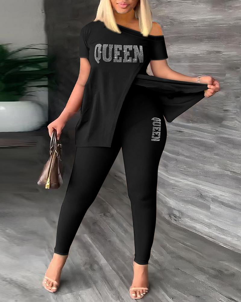 

Plus Size Queen Rhinestone Split Hem Top & Pants Set, Black