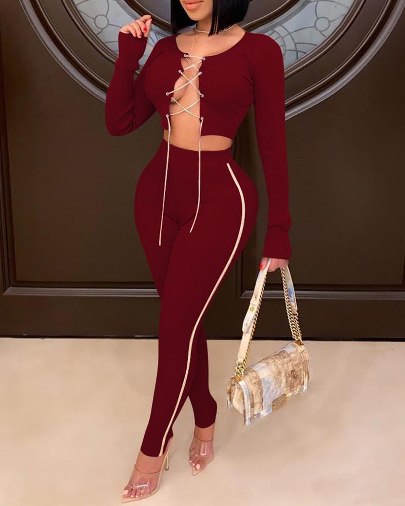 

Plain Lace Up Long Sleeve Top & Pants Set, Wine red