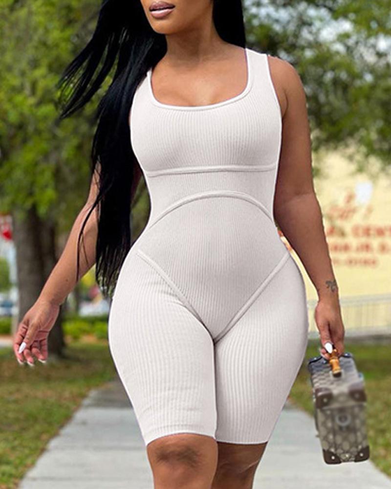 

Sleeveless Ribbed U-Neck Skinny Romper, White
