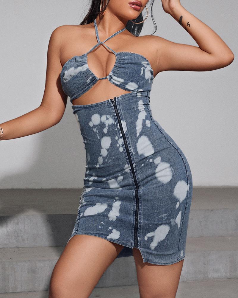 

Halter Cutout Front Colorblock Skinny Denim Dress, Blue