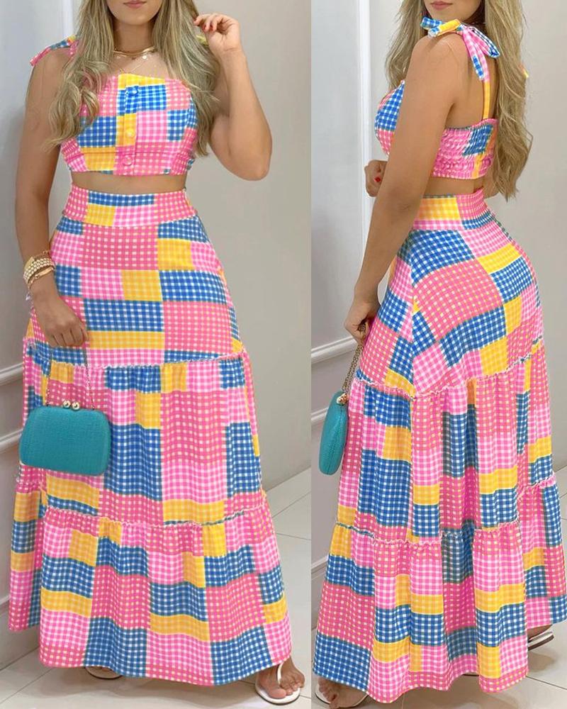 

Plaid Colorblock Tied Detail Crop Top & Maxi Skirt Set, Pink