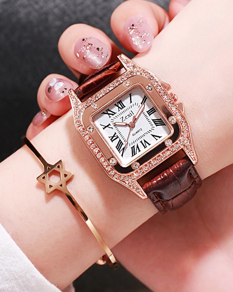 

Rhinestone Decor Square Quartz Watch, Brown