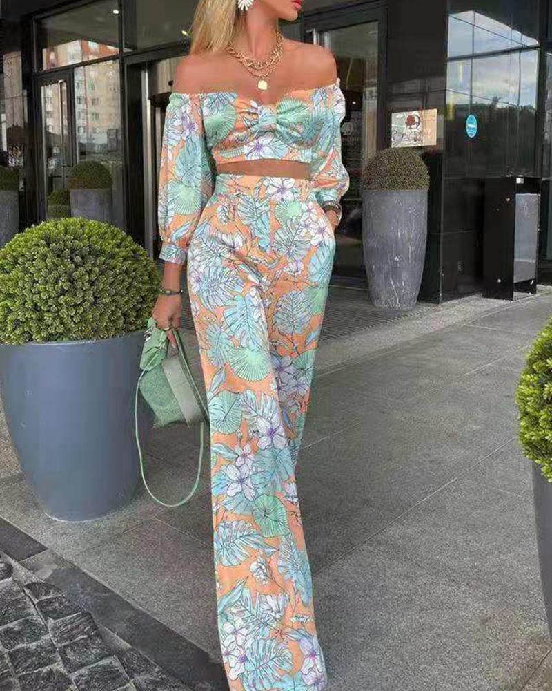 

Floral Print Off Shoulder Crop Top & Wide Leg Pants Set, Green