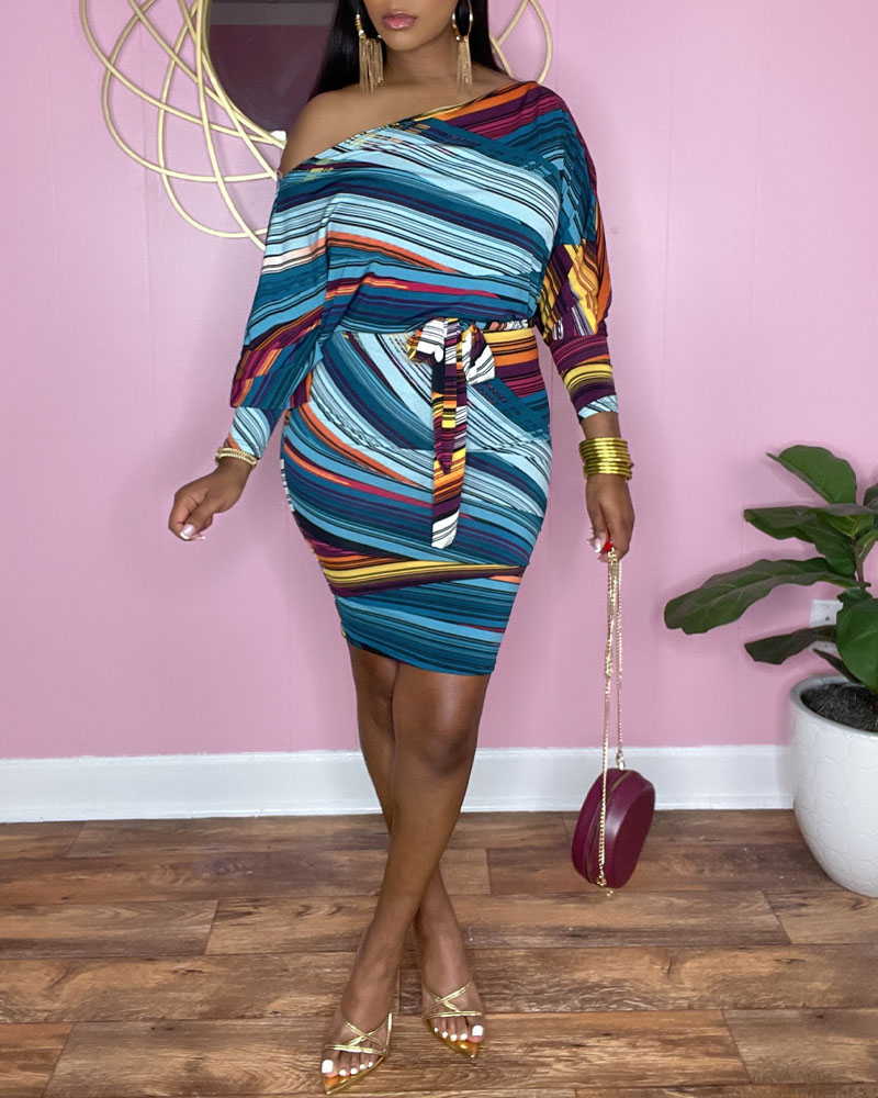 

Striped Print Long Sleeve Belted Dress, Blue