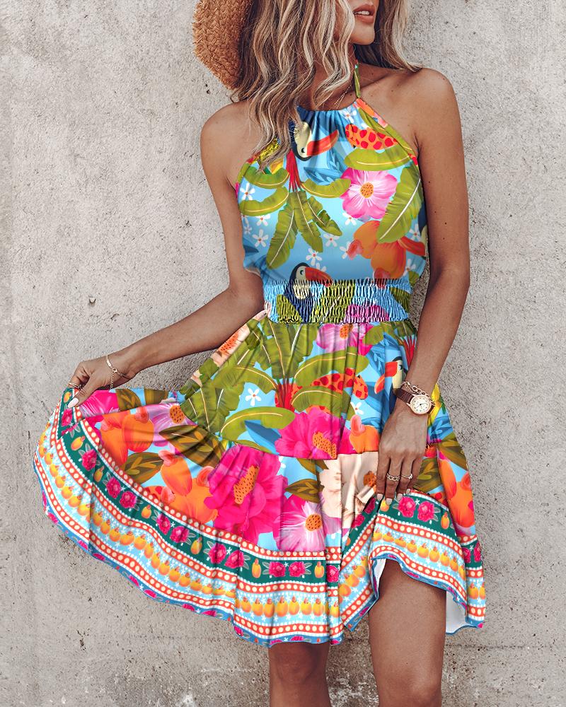 

Vestido fruncido con estampado tropical, Multicolor