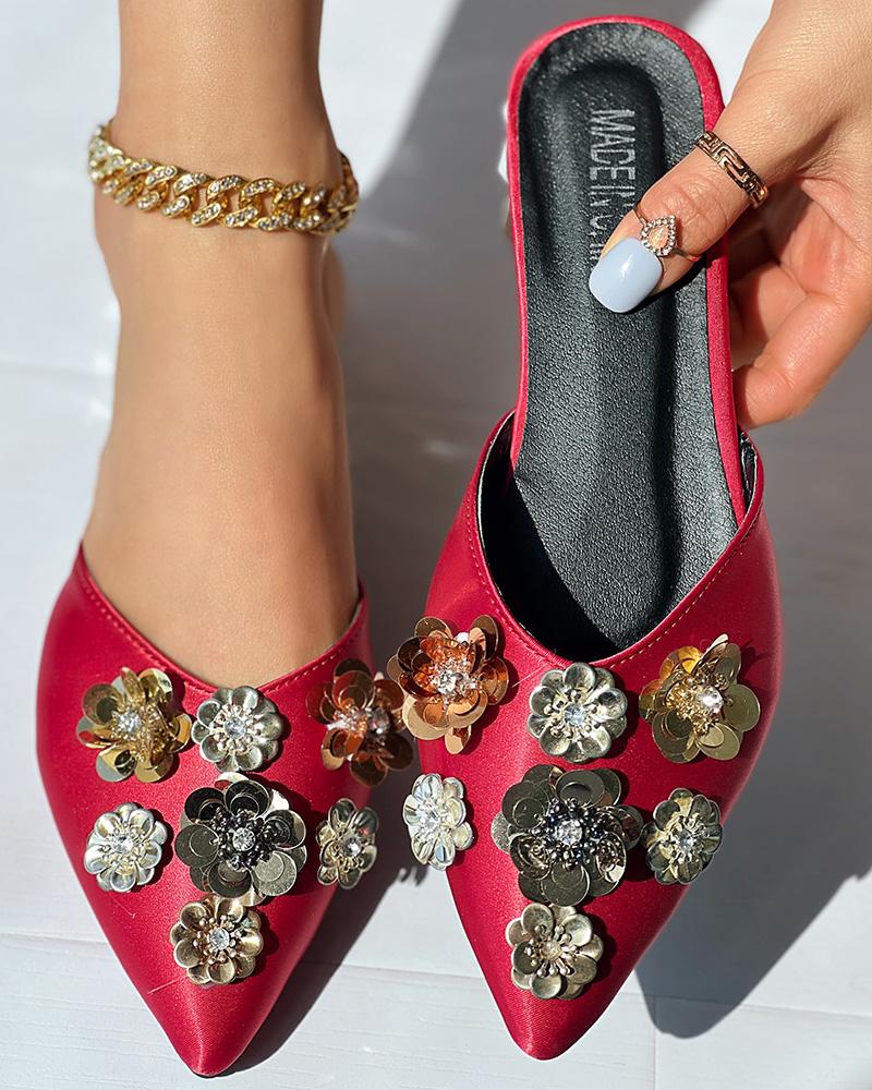 

Sequin Floral Pattern Point Toe Pumps, Red
