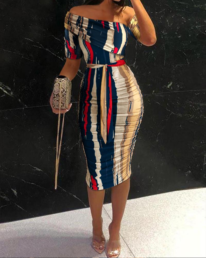 

Abstract Print Off Shoulder Ruched Bodycon Dress, Multicolor