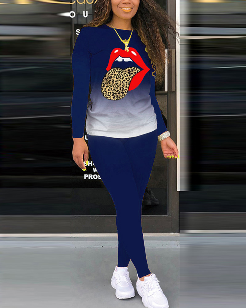 

Ombre Lip Print Long Sleeve Top & Pants Set, Blue