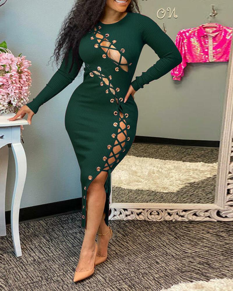 

Ribbed Grommet Eyelet Lace-up Bodycon Dress, Green