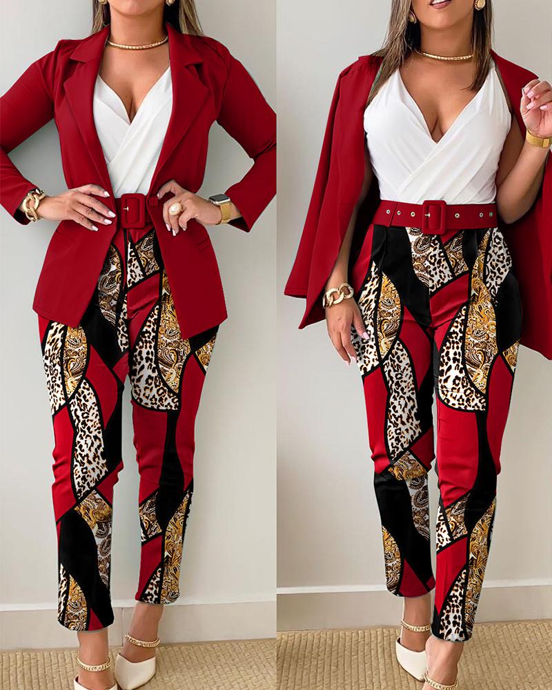 

Buttoned Blazer Coat & Baroque Leopard Print Belted Pants Set, Wine red