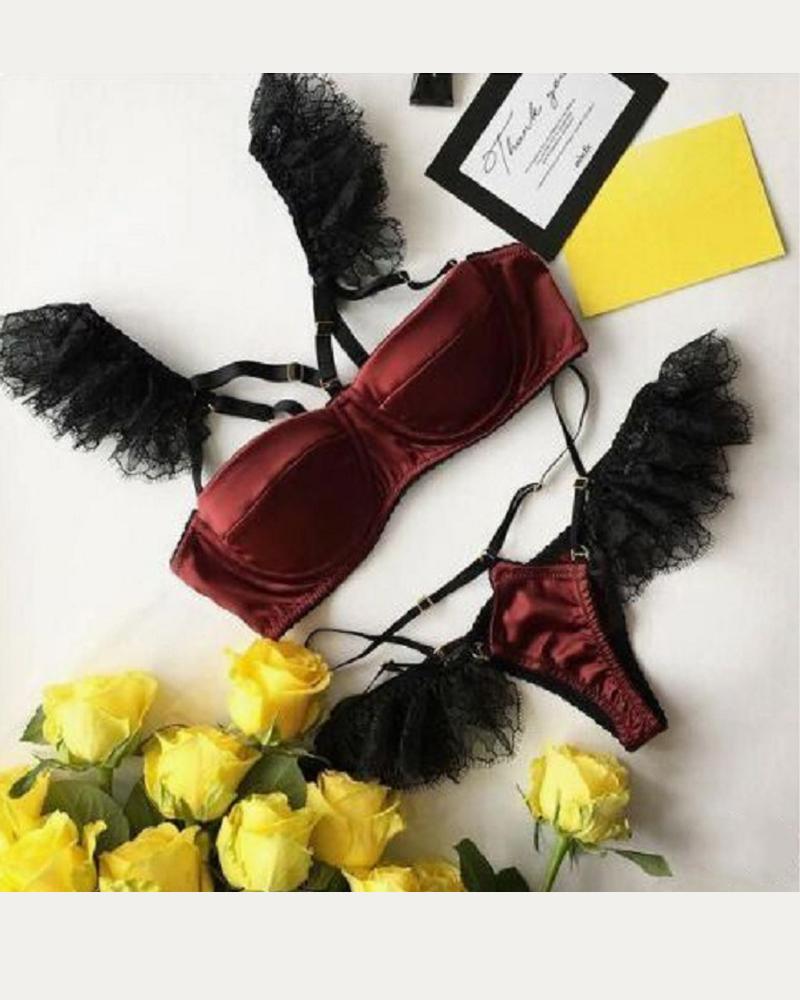 

Lace Hem Patchwork Bra Sets, Wine red