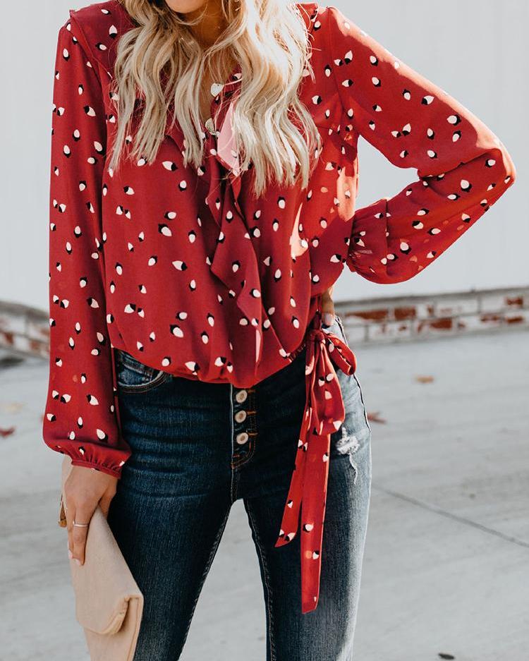 

Print Ruffles Tied Detail Casual Blouse, Red