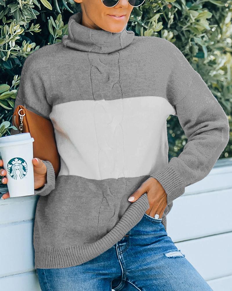 

Colorblock Turtleneck Long Sleeve Cable Knit Sweater, Gray