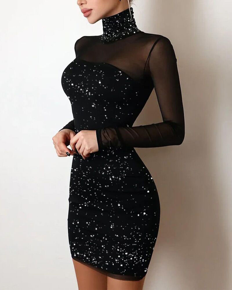 

Glitter High Neck Contrast Mesh Bodycon Dress Long Sleeve Slim Fit Skinny Party Dress Cocktail Dress, Black