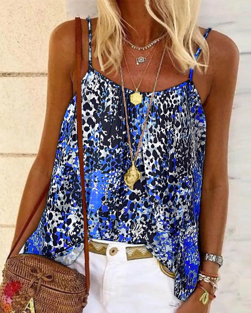 

Leopard Print Scoop Neck Flowy Cami Top, Blue