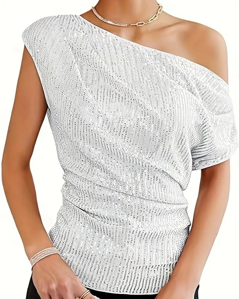 

Allover Sequin Ruched Short Sleeve Top, White