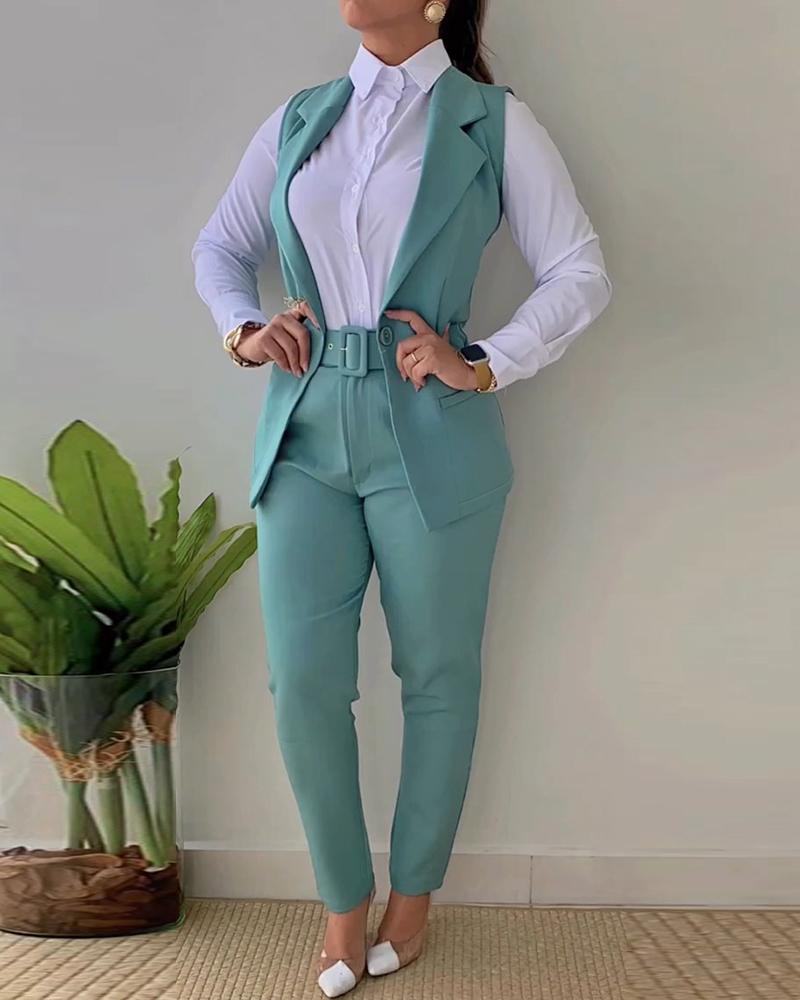 Notched Collar Vest Blazer Coat & Pants Set With Belt