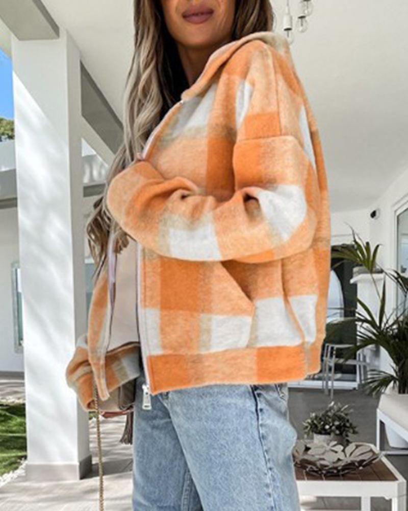 

Plaid Print Zipper Design Hooded Coat, Orange