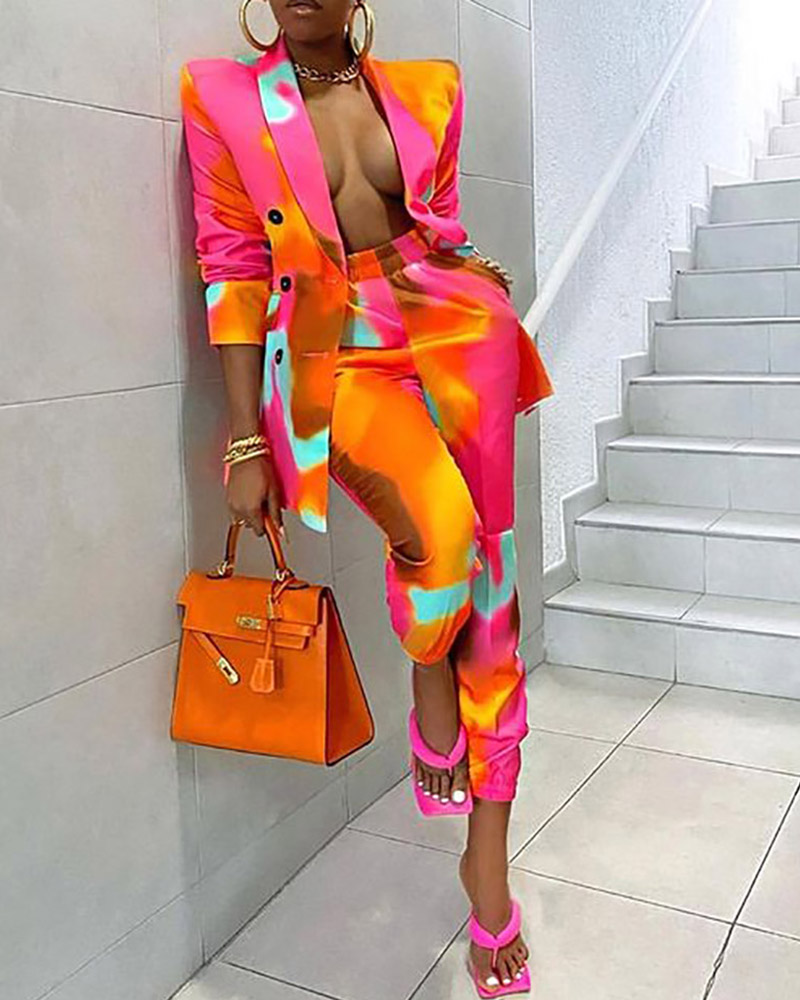 

Colorblock Buttoned Blazer Coat & Pants Sets, Multicolor