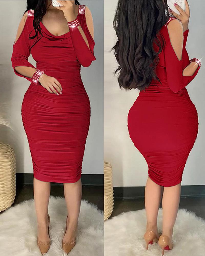 

Rhinestone Decor Cold Shoulder Ruched Bodycon Dress, Red