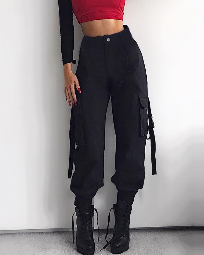 

Pocket Design Solid Buckled Tape Cargo Pants, Black