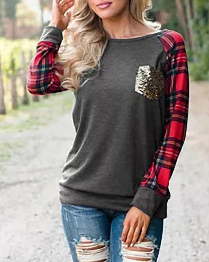 

Sequins Pocket Plaid Print Long Sleeve Top, Red