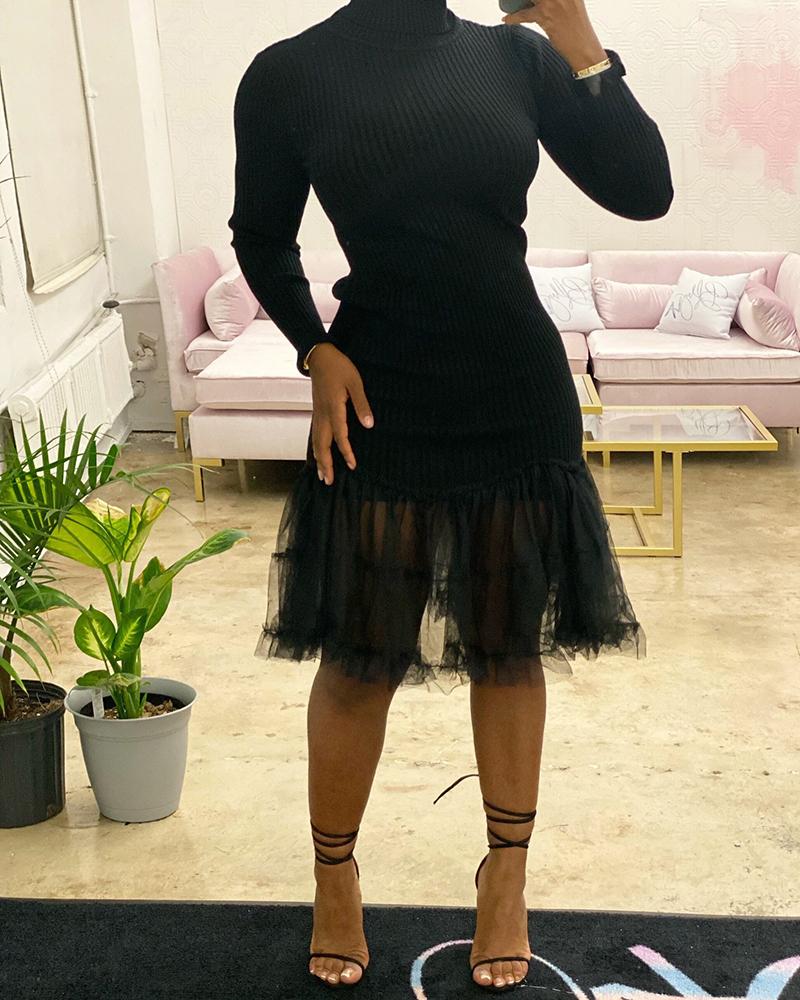 

Ruffles Sheer Mesh Patch High Neck Bodycon Dress, Black