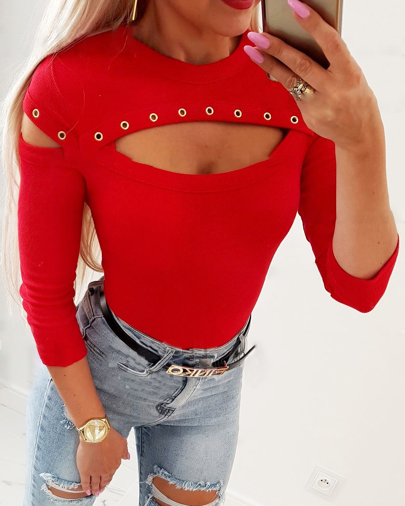 

Cutout Grommet Eyelet Decor Long Sleeve Top, Red