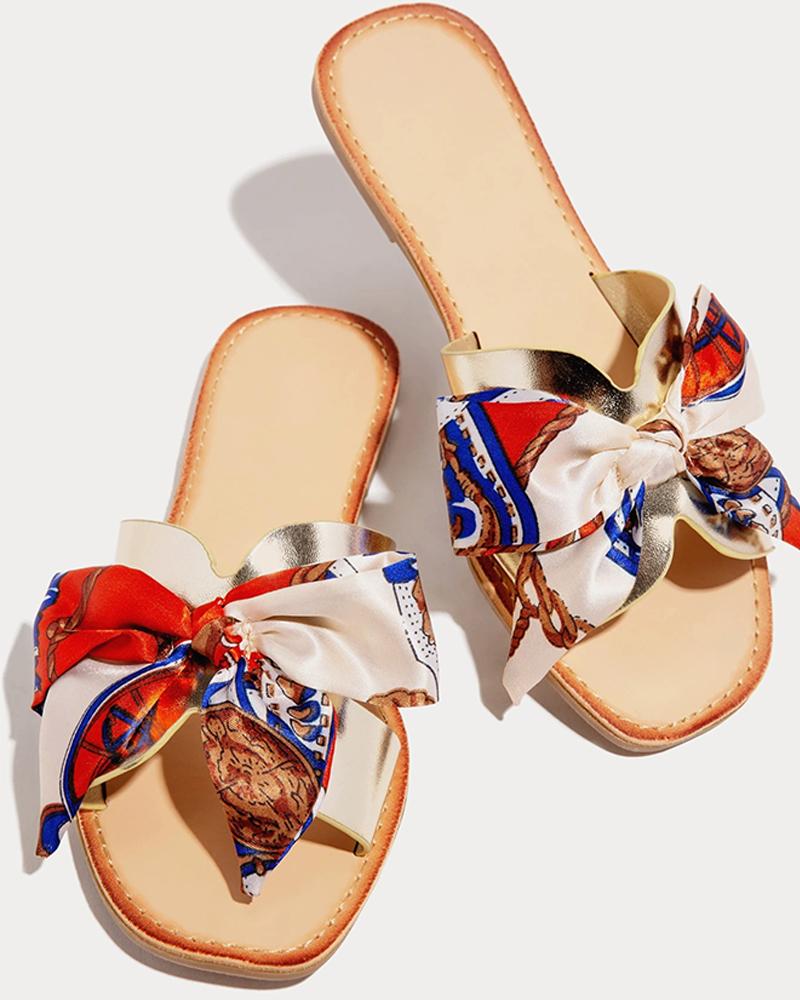 

Floral Bow Open Toe Flat Sandals, Gold
