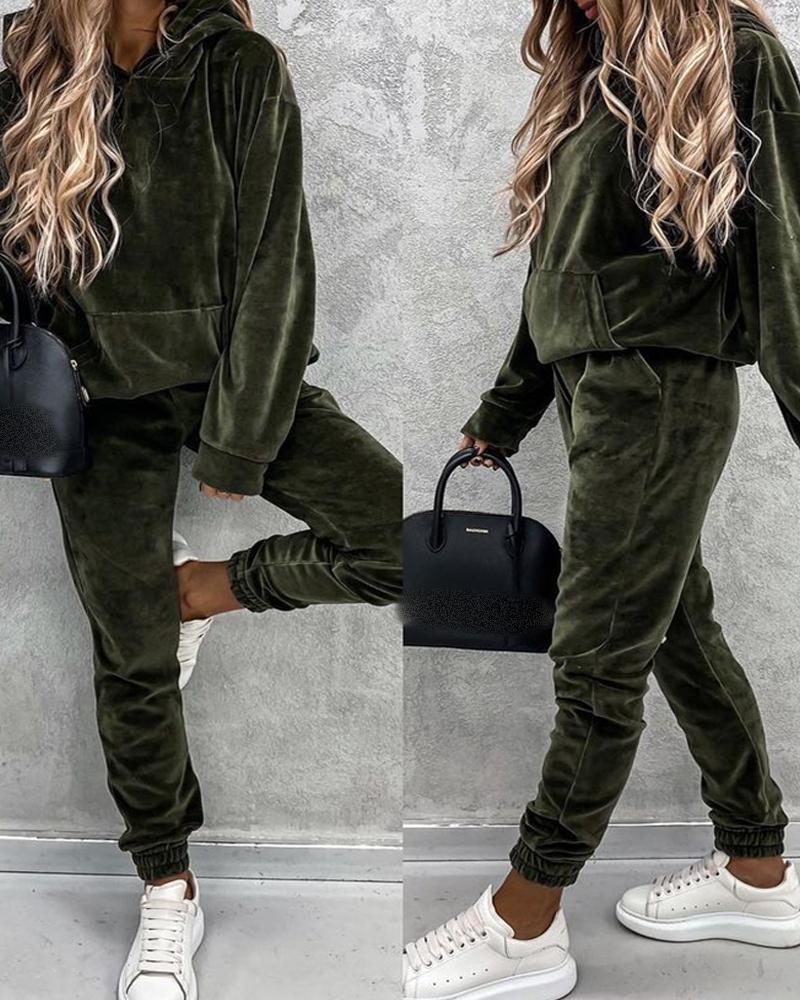 

Plain Pocket Design Hooded Women Top & Pants Set, Army green