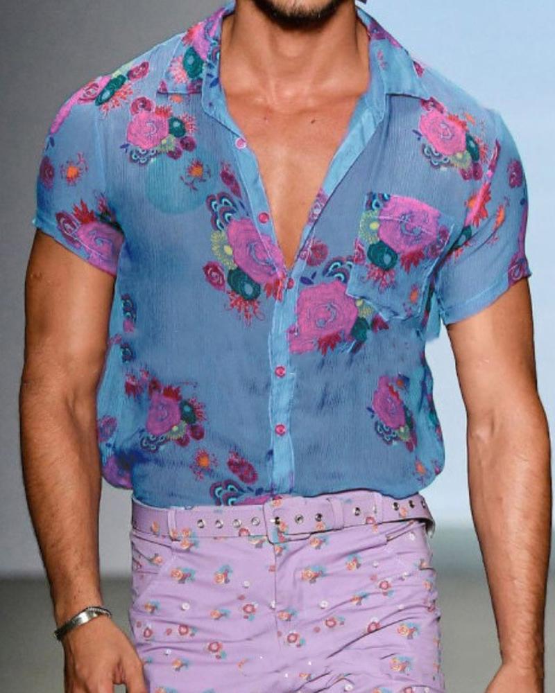 

Floral Print Short Sleeve Button-up Shirts, Blue