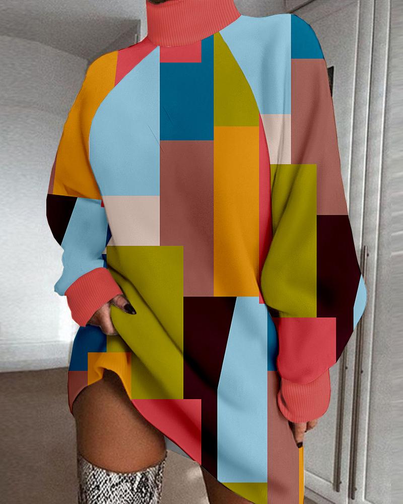 

Geometric Print High Neck Long Sleeve Casual Dress, Multicolor