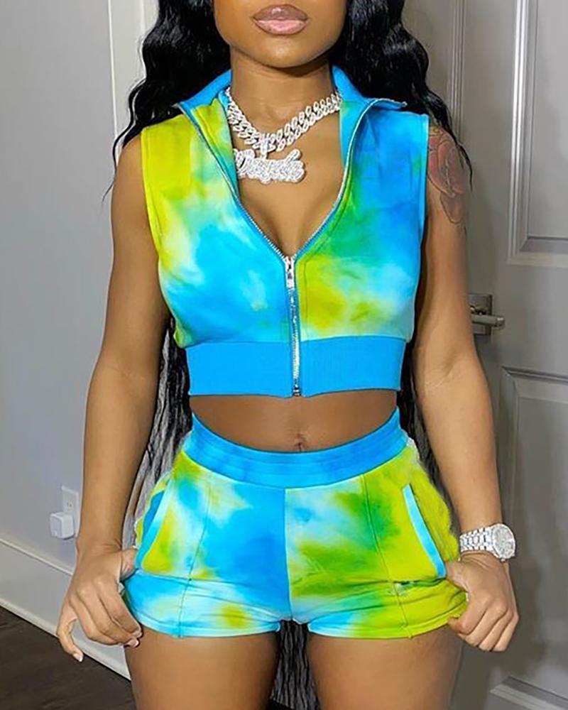 

Tie Dye Print Crop Top & Shorts Set, Green