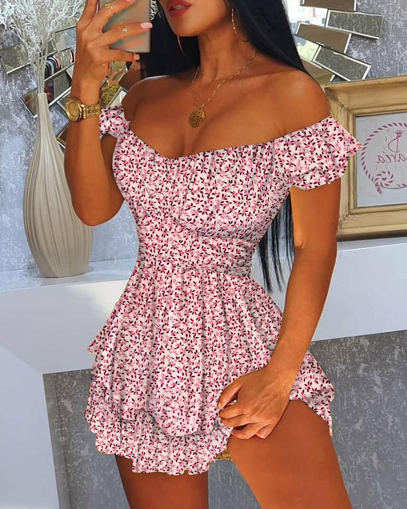 

Layered Ruffles Off Shoulder Ditsy Flora Print Dress, Pink