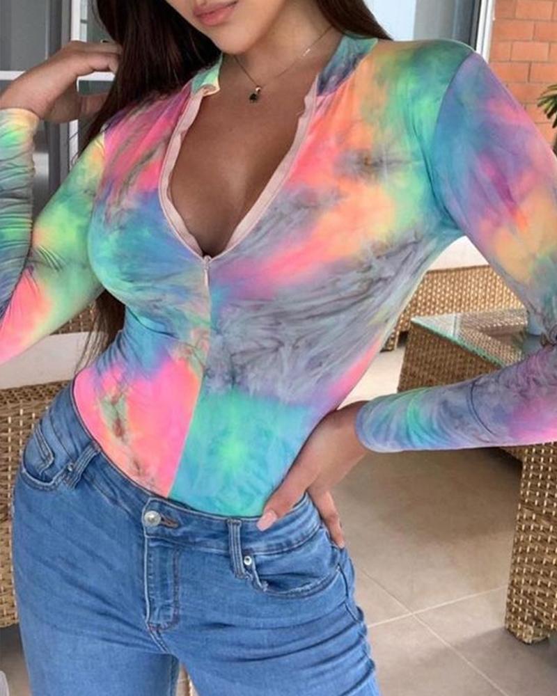 

Tie Dye Print Long Sleeve Zipper Skinny Top, Multicolor