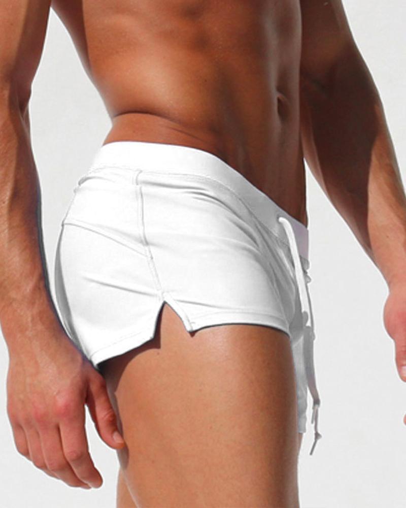 

Solid Skinny Drawstring Boxer Beach Shorts, White