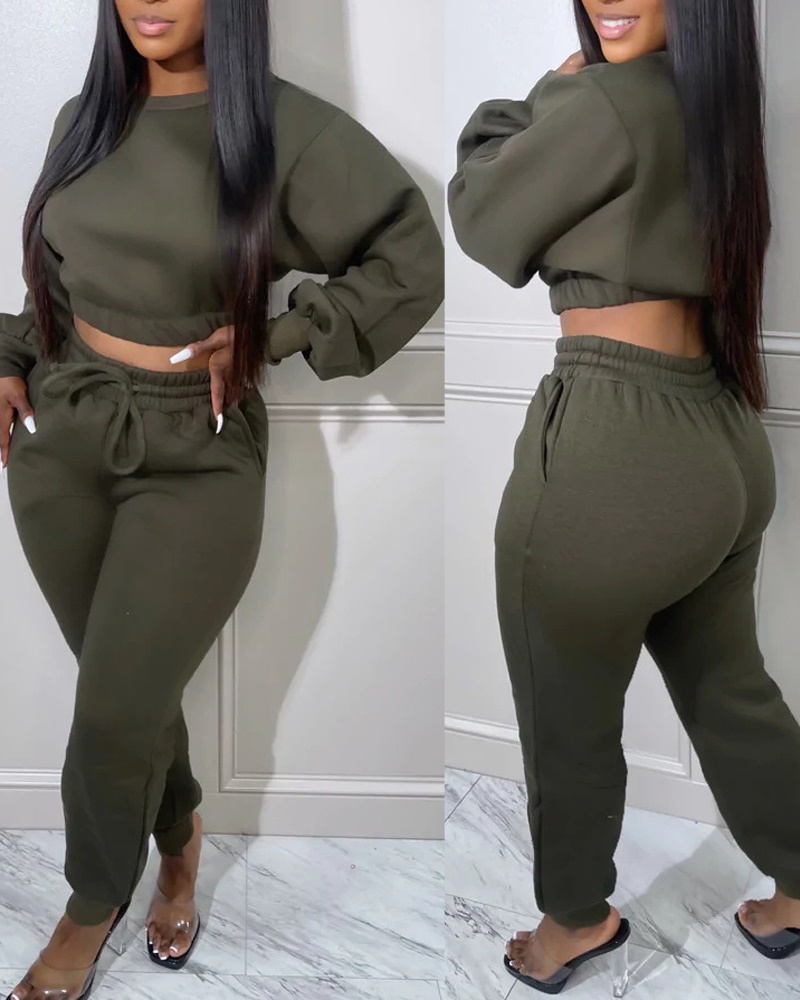 

Long Sleeve Crop Top & Drawstring Pants Set, Green