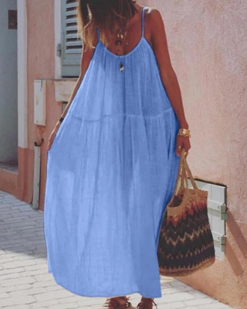 

Solid OL Suspender Maxi Dress, Blue
