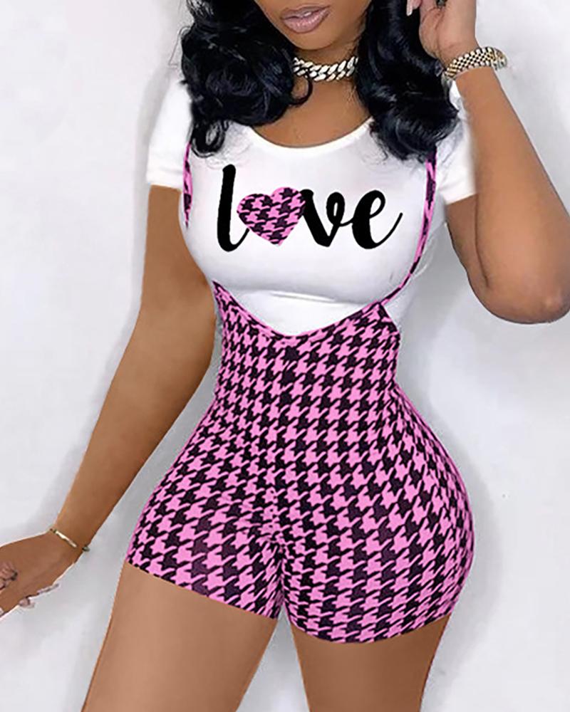

Letter Heart Print Top & Houndstooth Print Suspender Shorts Set, Pink