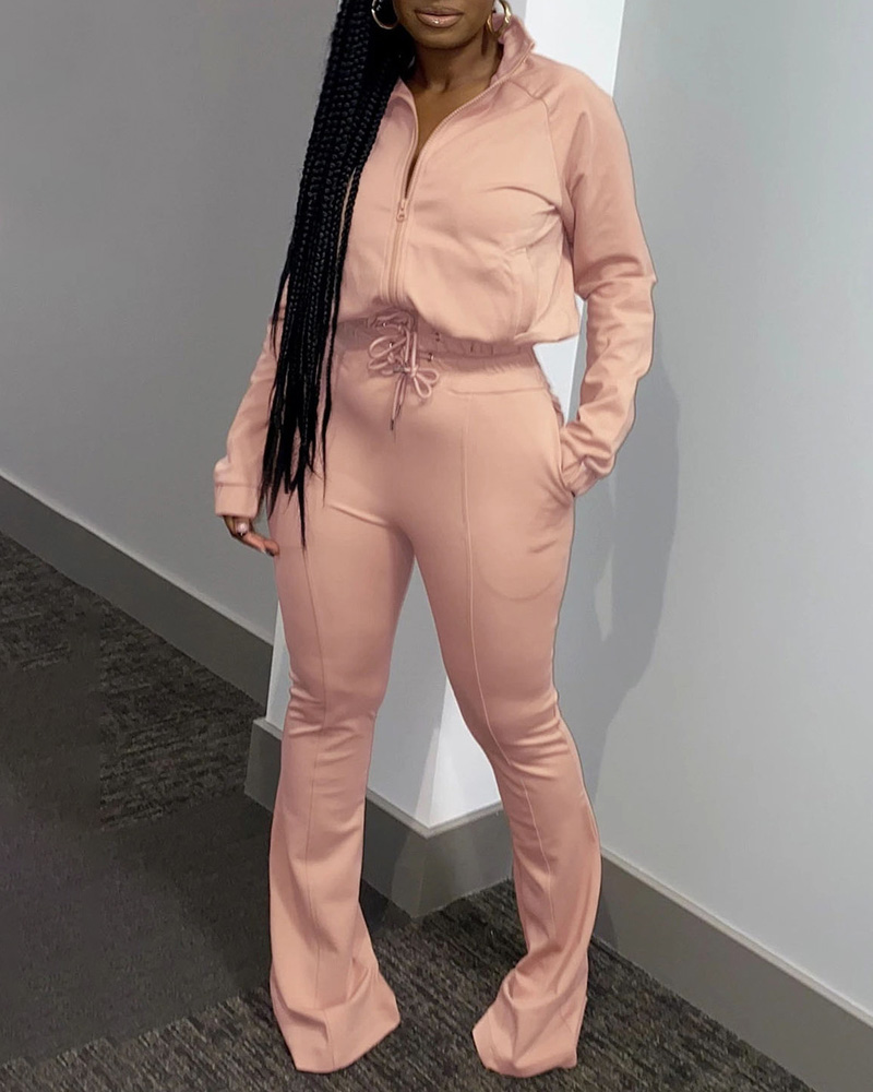 

Long Sleeve Zip Up Top & Drawstring Pants Set, Apricot