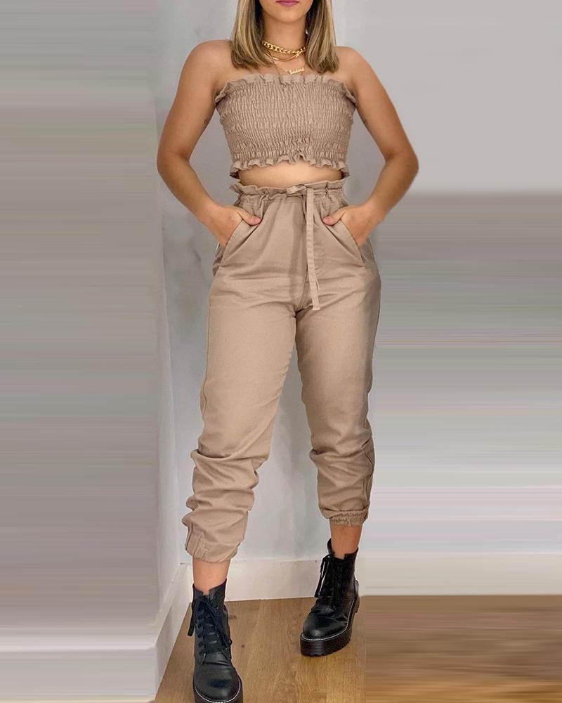 Shirred Frill Hem Crop Top & Pocket Design Pants Set