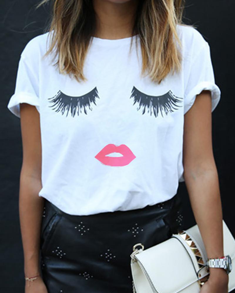 

Lip Eye Print Short Sleeve Casual T-Shirt, White