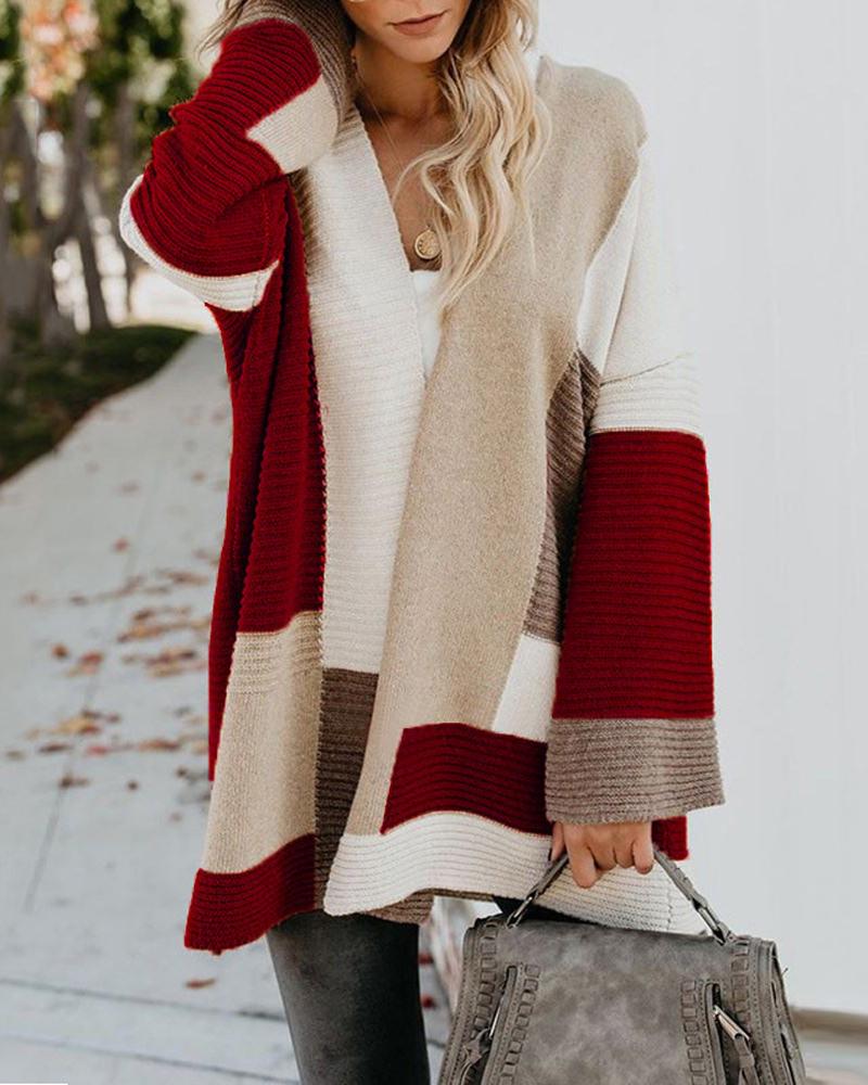 

Colorblock Long Sleeve Open Front Cardigan, Wine red