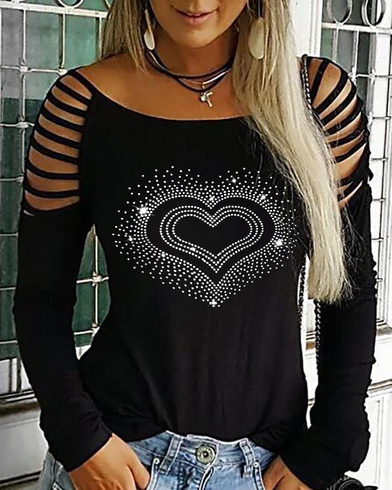 

Rhinestone Heart Pattern Cold Shoulder Top, Black
