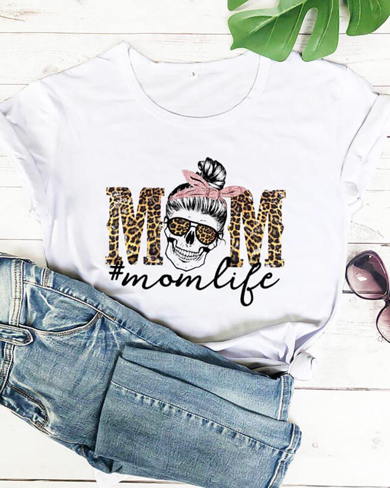 

Mother' Day Leopard Letter Skull Print Short Sleeve T-Shirt, White