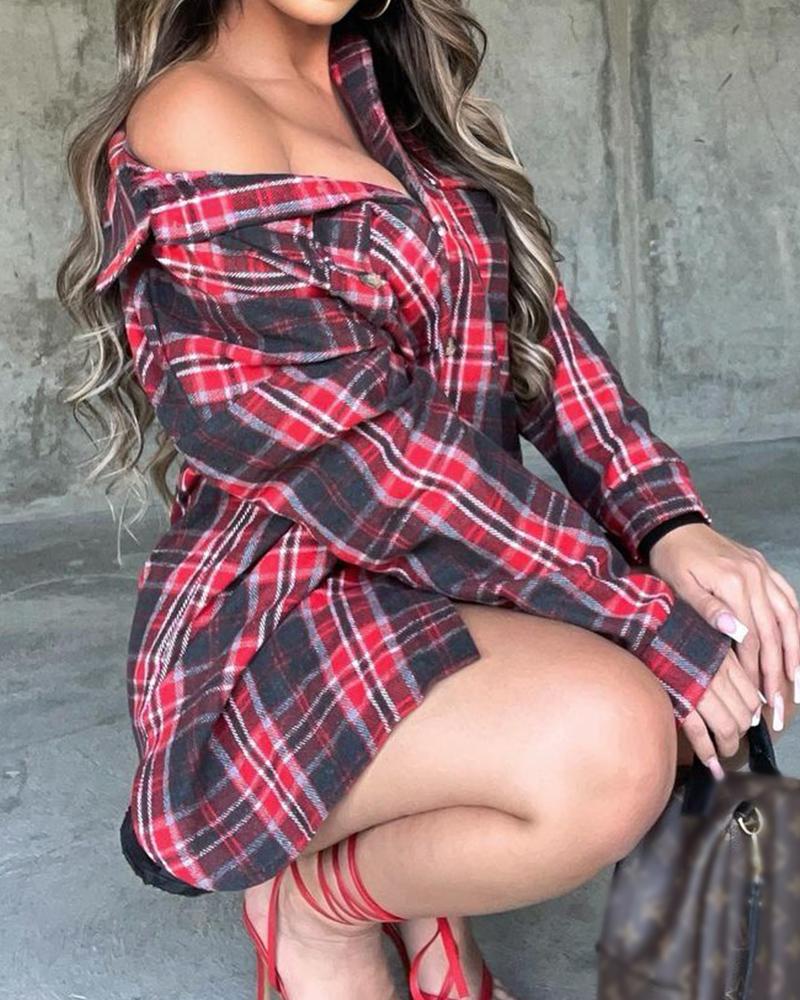 

Plaid Print Button Up Long Sleeve Top, Red