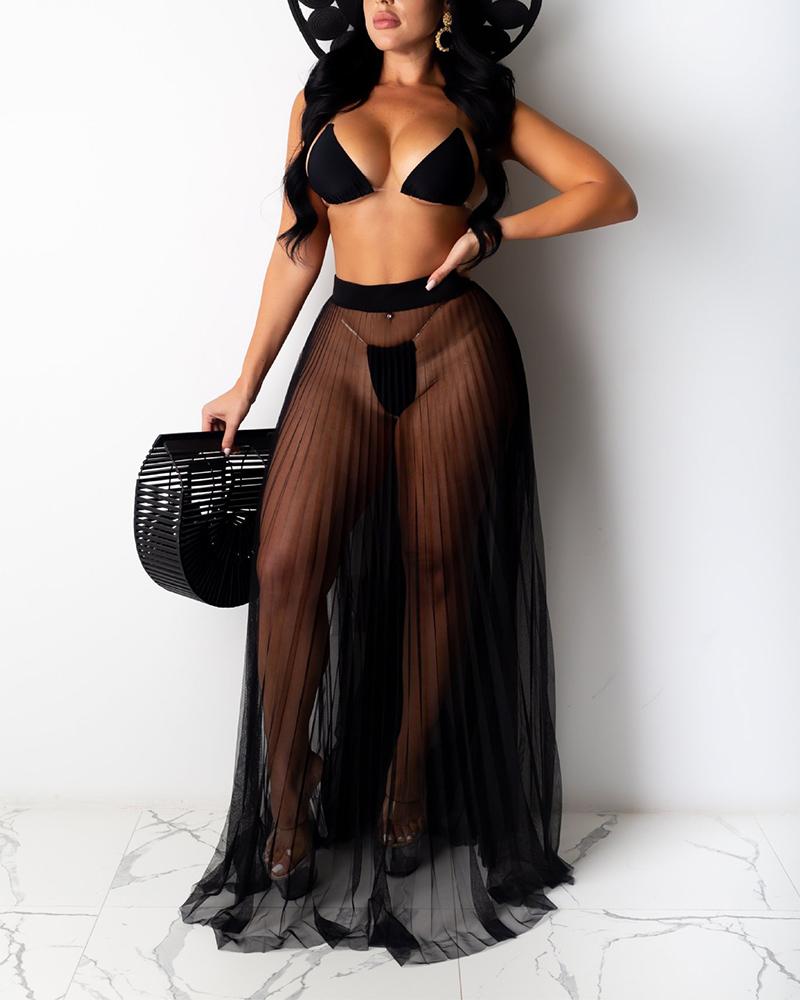 

High Waist Sheer Mesh Pleated Maxi Skirt, Black