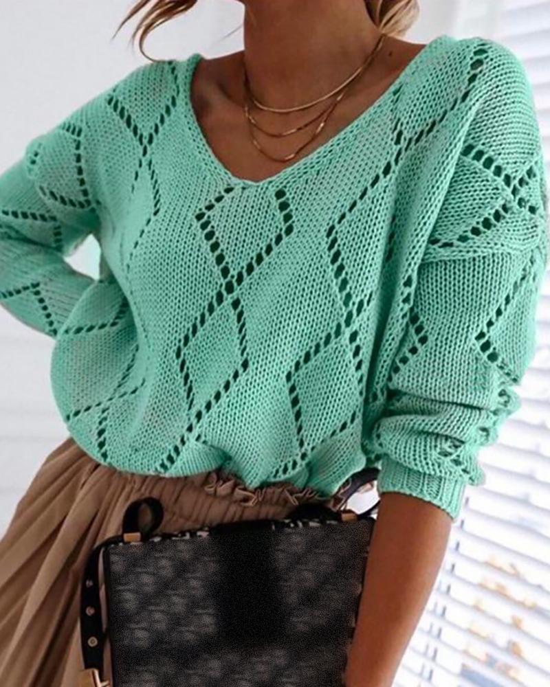 

Geometric Pattern Hollow Out Knit Sweater, Green